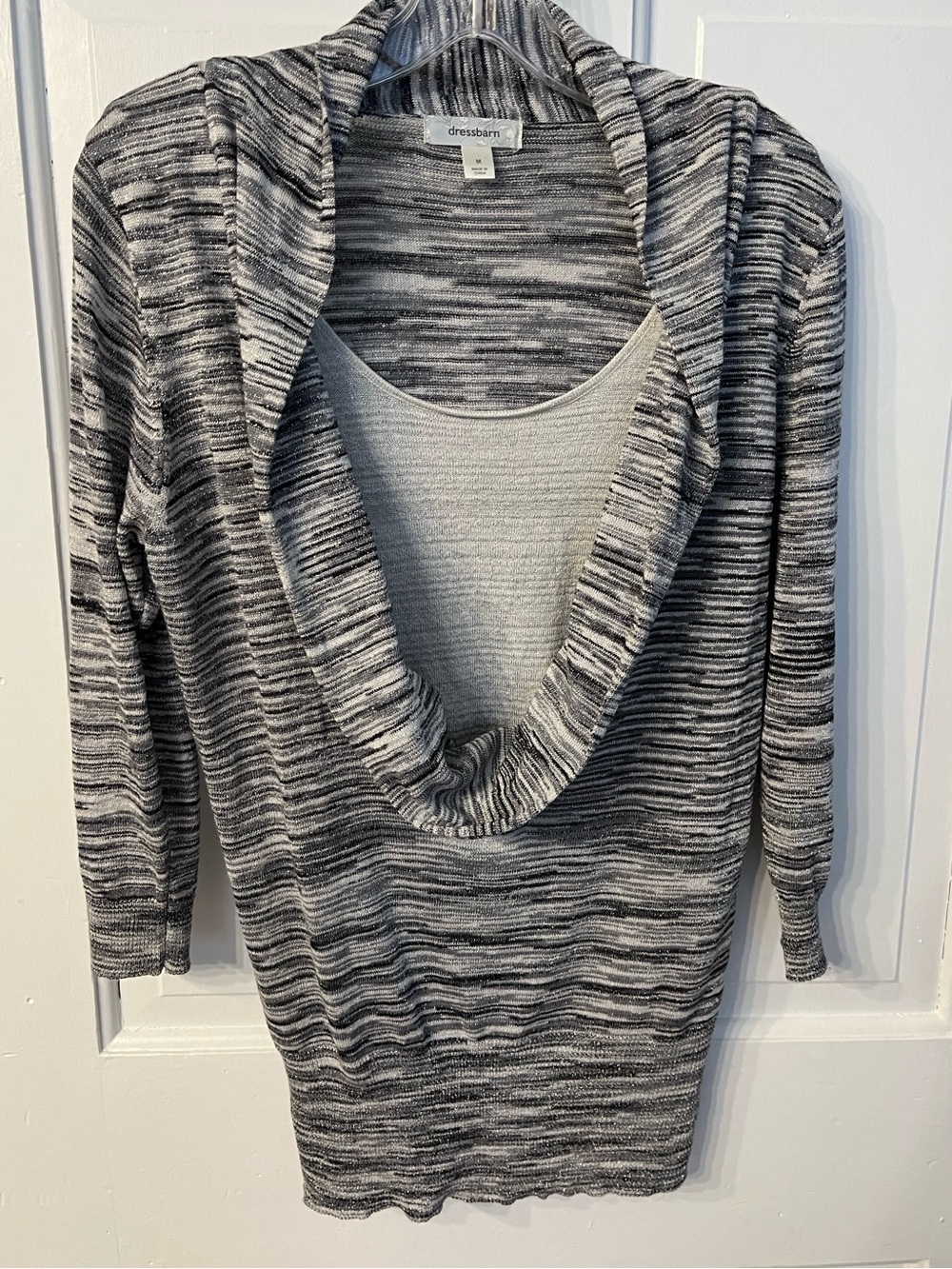 Dressbarn silver gray metallic cowl neckline knit top M 3/4 sleeves